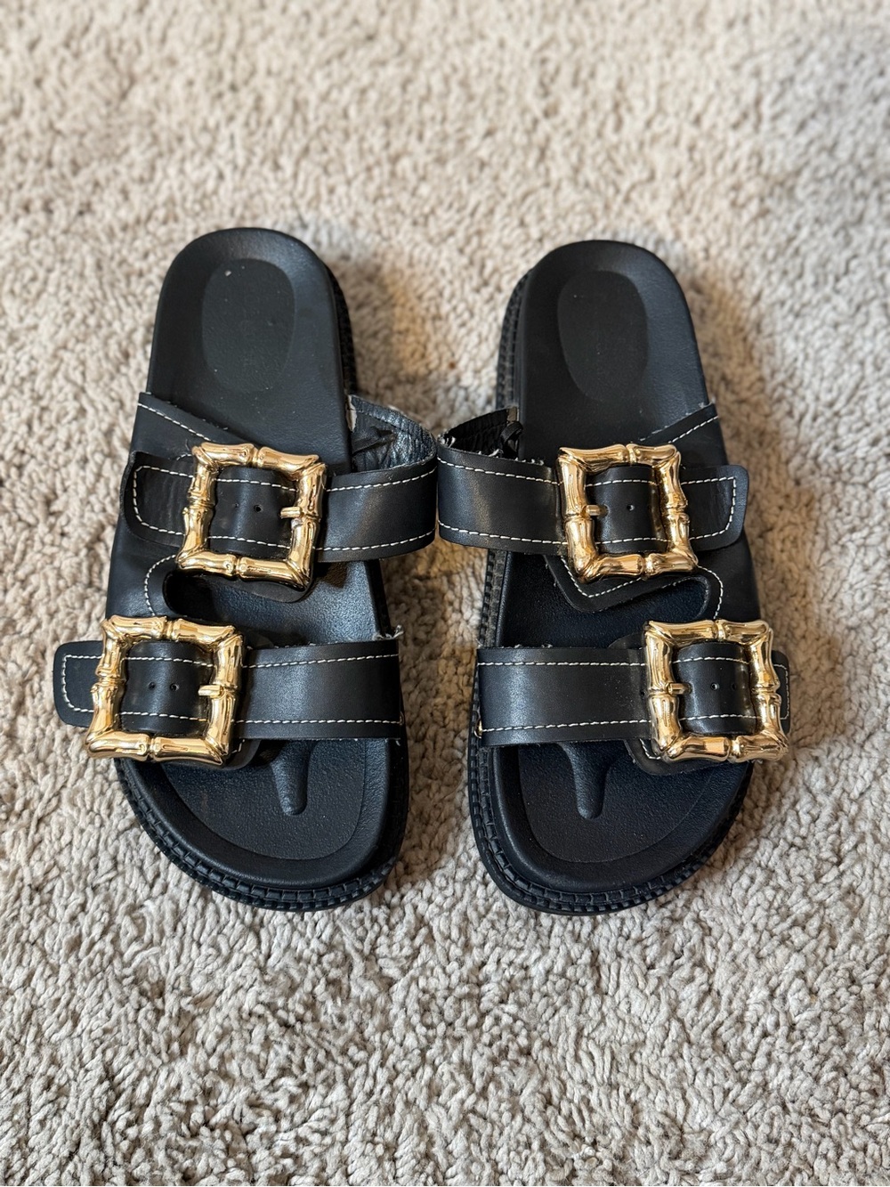 Black Slide Sandals with Gold Buckles